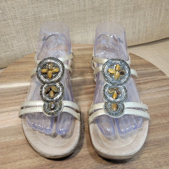 Clarks Sandals Artisan Gold Leather Beaded‎ Strappy Slingback Women's Size 7M - Picture 1 of 9